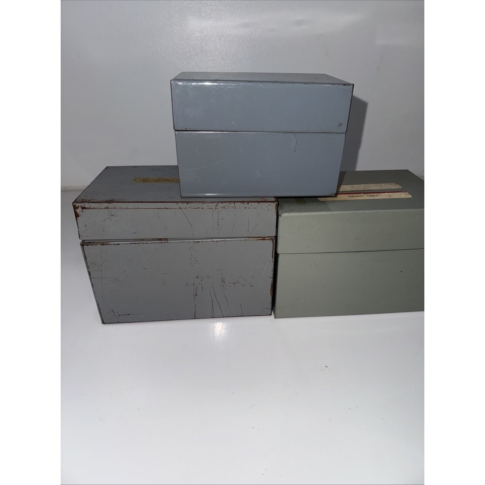 Lot of 3 Vintage Index Card Recipe File Holder Metal Box Gray Hinged Lid Office